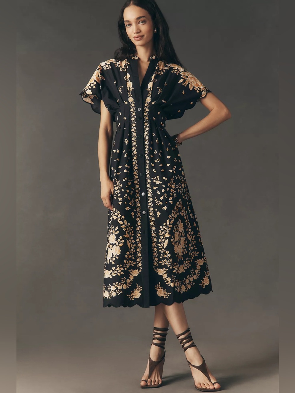 Anthropologie x Farm Rio Black and Yellow Floral Midi Dress